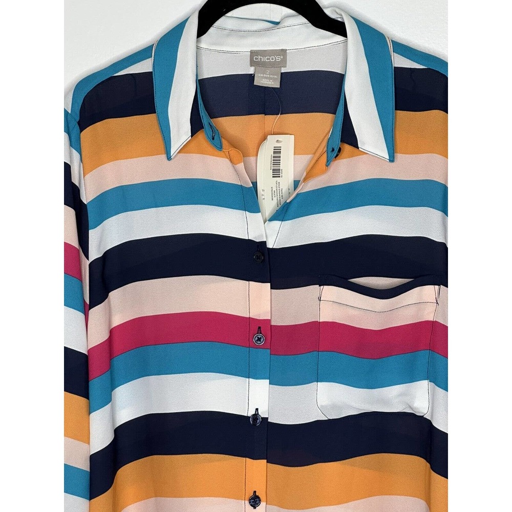 NWT Chicos Womens Striped Miri Colored Blouse 2(12/14) Button‎ Front Semi Sheer - Picture 6 of 11